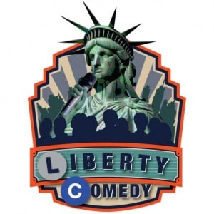 Liberty Comedy Corp's logo- Statue of Liberty holding a microphone in front of an audience